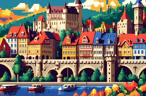 Prompt: Create a 2D pixelated image filled with vibrant colors, showcasing a prestigious European background. The scene should feature iconic landmarks or landscapes that represent Europe's rich culture and history, such as castles, cathedrals, or famous cityscapes, all rendered in a detailed pixel art style. The image should be lively and engaging, capturing the essence of European elegance through its colorful pixels.