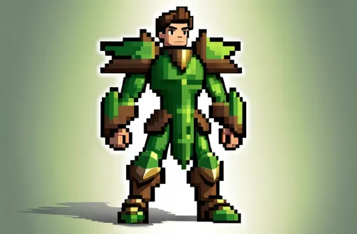 Prompt: Create a vibrant full-body 2D pixelated design of Terra Shield, an environmental defender. He should have green skin and brown hair that resembles leaves and branches. Dress him in pixelated armor made of natural materials like wood and leaves. Position him in a protective stance with one arm raised, ready to restore the land. His expression should convey strength and determination, highlighting his dedication to preserving nature, all depicted in a detailed pixel art style.