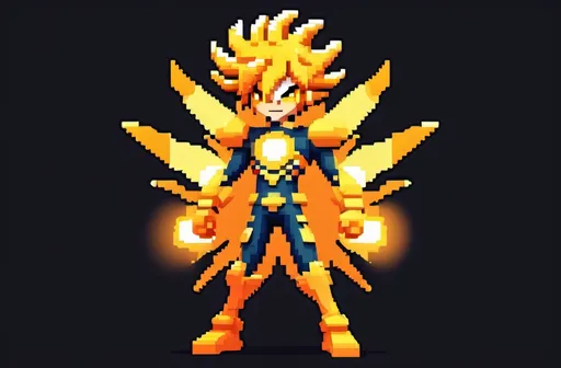 Prompt: Create a vibrant full-body 2D pixelated image of Solaris Blaze, a character representing solar energy. He should have hair in shades of yellow and orange that resemble sun rays. Dress him in a dynamic outfit that combines bright yellow and orange with patterns reminiscent of sunlight. Position him in an action pose, with arms raised and a confident smile, as if he is absorbing sunlight. His body language should radiate energy and hope, emphasizing his role as a champion of renewable energy. pixelated deisgn with big pixels