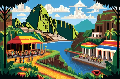 Prompt: Create a 2D pixelated image filled showcasing a prestigious background of South America. The scene should feature iconic landmarks and diverse landscapes that represent the region's rich culture and heritage, such as ancient Incan ruins, bustling cityscapes, or lush rainforests. Include elements like christ the reddemer the Amazon rainforest, or vibrant carnival festivities, all rendered in a detailed pixel art style.