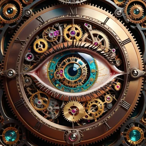 Prompt: Curious eye with intricate clock inside, surreal digital art, steampunk, detailed clockwork, vibrant color palette, high quality, detailed eye, intricate clock, surreal, steampunk, vibrant colors, digital art, detailed