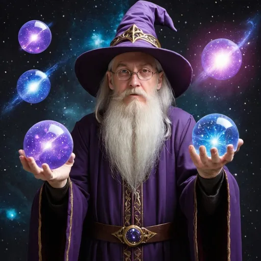 Prompt: A wizard holding orbs filled with galaxies