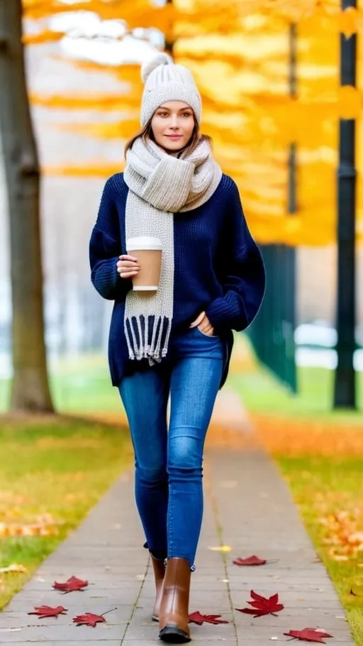 Prompt: The same beautiful woman resembling Dasha Taran, with natural makeup, stylish attire, and a pleasant expression. Focus on capturing her unique facial features and charm. Her clothes, pants, accessories, hat, and shoes are well-fitted and look realistic. She's wearing a cozy oversized sweater, skinny jeans, ankle boots, beanie, and a scarf. She's walking through a park with fallen autumn leaves, holding a cup of coffee with one hand. 