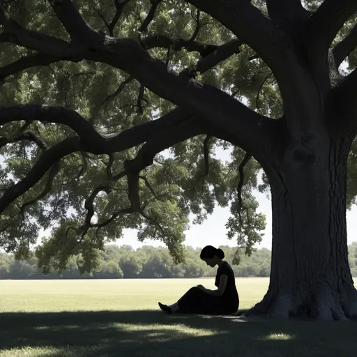 Prompt: Suicidal wife sitting under the dark shadow of an oak tree.