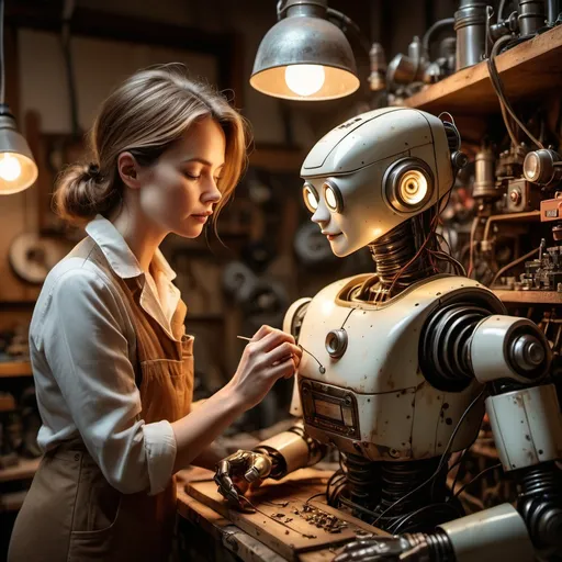 Prompt: Una donna in tuta da lavoro aggiusta con cura il mento di un robot in stile vintage in un'officina disordinata, illuminata da luci soffuse e calde, che ne evidenziano gli intricati dettagli e le trame.