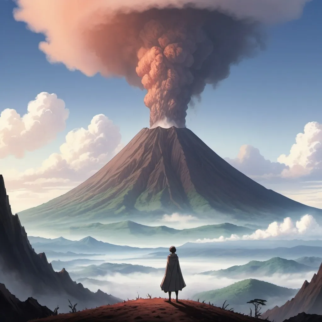 Prompt: Anime-style scene from the perspective of someone standing at the base of a dormant volcano. The image focuses on the grand view of the towering, majestic volcano, while the dormant volcano rises imposingly in the background, its peak partially veiled in gentle mist. The scene conveys a sense of awe and tranquility.