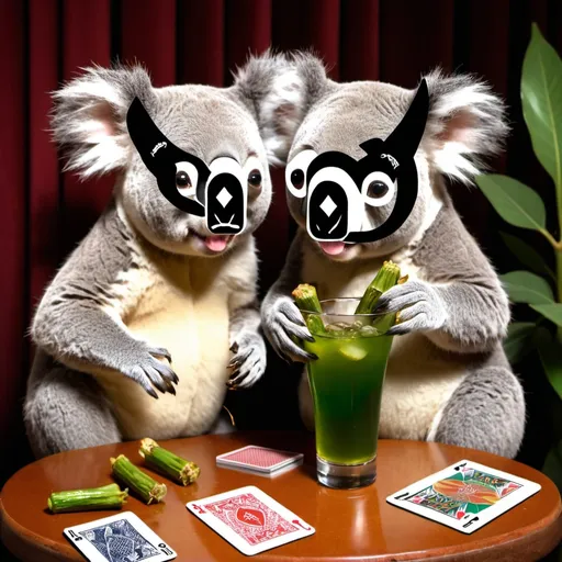 Prompt: koala bears eating fried okra while playing cards and drinking martinis