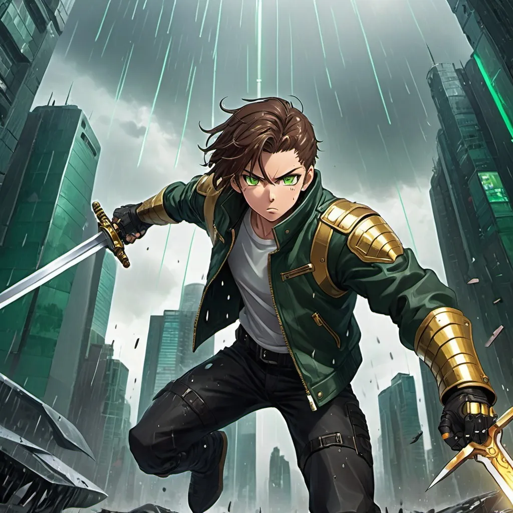 Prompt: an anime teenage male with brown hair, a dark green biker jacket, and golden eyes, striking with a sword in the air, fighting in the air a cybertronic giant with armor in a rainy and doomsday-looking futuristic cityscape