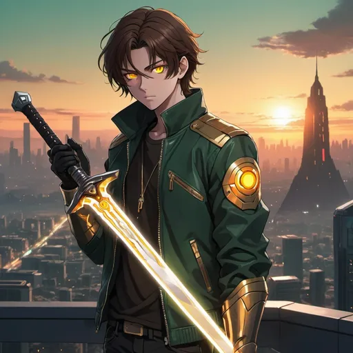 Prompt: A tall anime teenage male with brown hair with glowing golden eyes and a dark green biker jacket holding a glowing sword watching a sunset over a futuristic cityscape with a giant evil cyborg in the distance