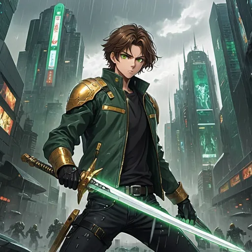 Prompt: an anime teenage male with brown hair, a dark green biker jacket, and golden eyes, striking with a sword in the air, locked in combat with a cybertronic giant with armor in a rainy and doomsday looking futuristic cityscape