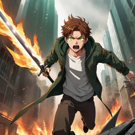 Prompt: A tall anime teenage male with glowing golden eyes, brown hair, and a dark green jacket, holding a sword, yelling while leaping in the air fighting a giant evil cyborg in a futuristic city with a fire burning in the background