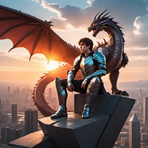 Prompt: teenage male hero with armor and the power of a dragon sitting atop a futuristic cityscape watching a sunset