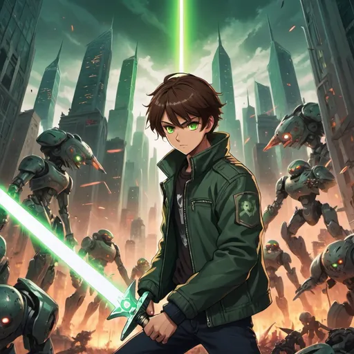 Prompt: an anime teenage male with brown hair, a dark green biker jacket, and glowing eyes, holding an ancient glowing sword and fighting hundreds of evil robots attacking him in a doomsday futuristic cityscape