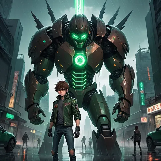 Prompt: A dark and rainy futuristic cityscape with fighting anime teenage male hero with brown hair, glowing eyes, a dark green biker jacket, and a glowing sword fighting a giant robotic titan with evil eyes and sharp teeth