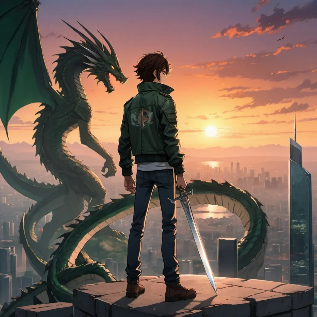 Prompt: A tall anime teenage male with brown hair, a dark green biker jacket, holding a broken sword watching a sunset with a dragon flying in the distance over a futuristic cityscape