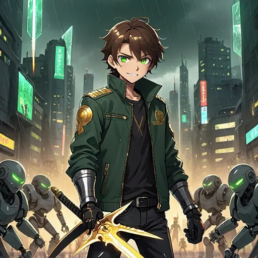 Prompt: an anime teenage male with brown hair, a dark green biker jacket, and golden eyes, holding a glowing sword grinning heroically with hundreds of evil robots surrounding him in a rainy futuristic cityscape