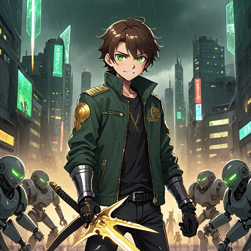 Prompt: an anime teenage male with brown hair, a dark green biker jacket, and golden eyes, holding a glowing sword grinning heroically with hundreds of evil robots surrounding him in a rainy futuristic cityscape