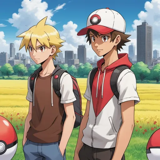 Prompt: A tall, Anime, Athletic, Dark-Brown-Haired, Teenage Guy With A Red Pokemon Trainer Cap side-by-side with a blond-haired teenage guy In a field of Pokemon With a city and a Pokemon gym in the distance