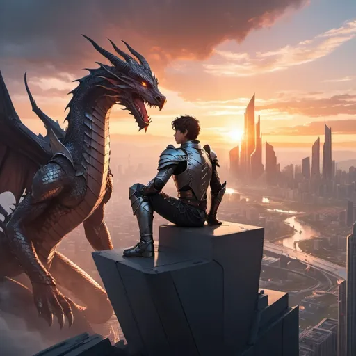 Prompt: teenage male hero with armor and the power of a dragon sitting atop a futuristic cityscape watching a sunset