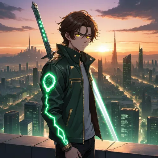 Prompt: A tall anime teenage male with brown hair with glowing golden eyes and a dark green biker jacket holding a glowing sword watching a sunset over a futuristic cityscape with a giant evil cyborg in the distance