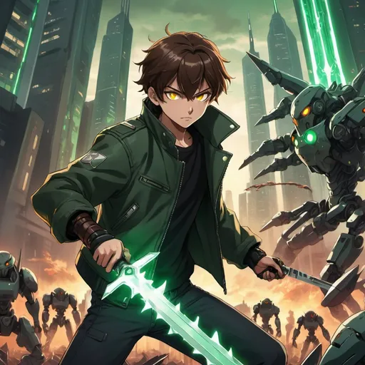 Prompt: an anime teenage male with brown hair, a dark green biker jacket, and glowing eyes, holding a glowing sword fighting hundreds of evil robots in a doomsday futuristic cityscape