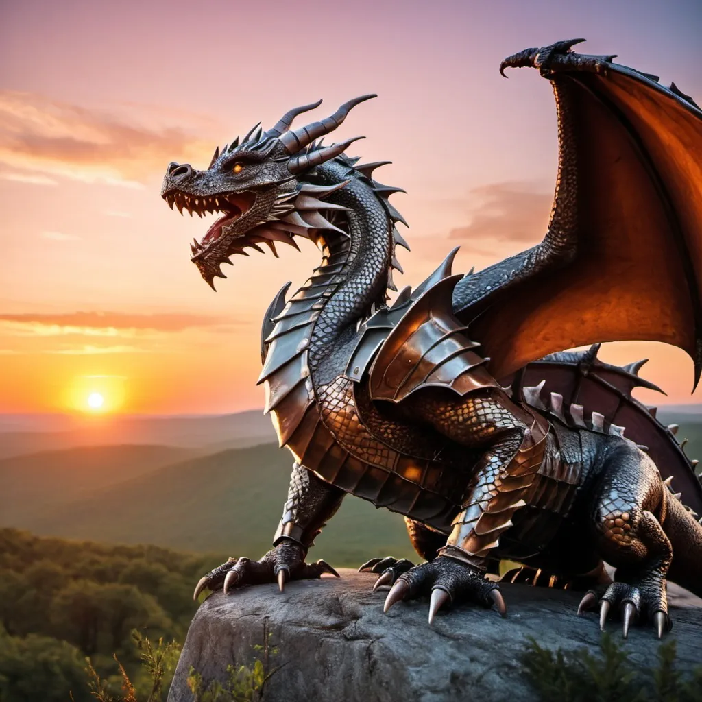 Prompt: Dragon With Armor watching a sunset over the wild