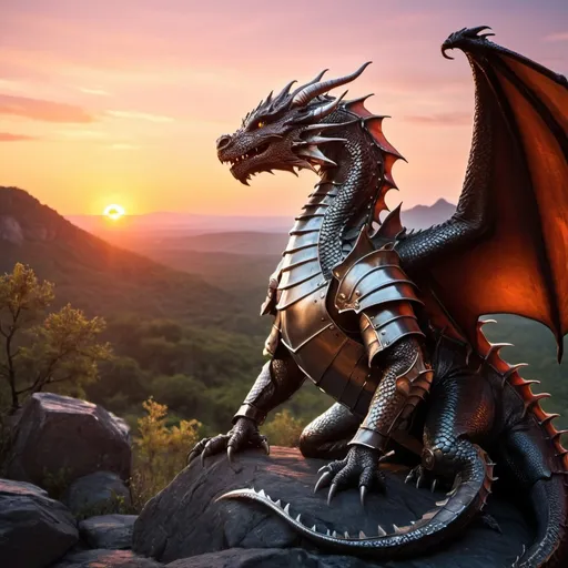 Prompt: Dragon With Armor watching a sunset over the wild