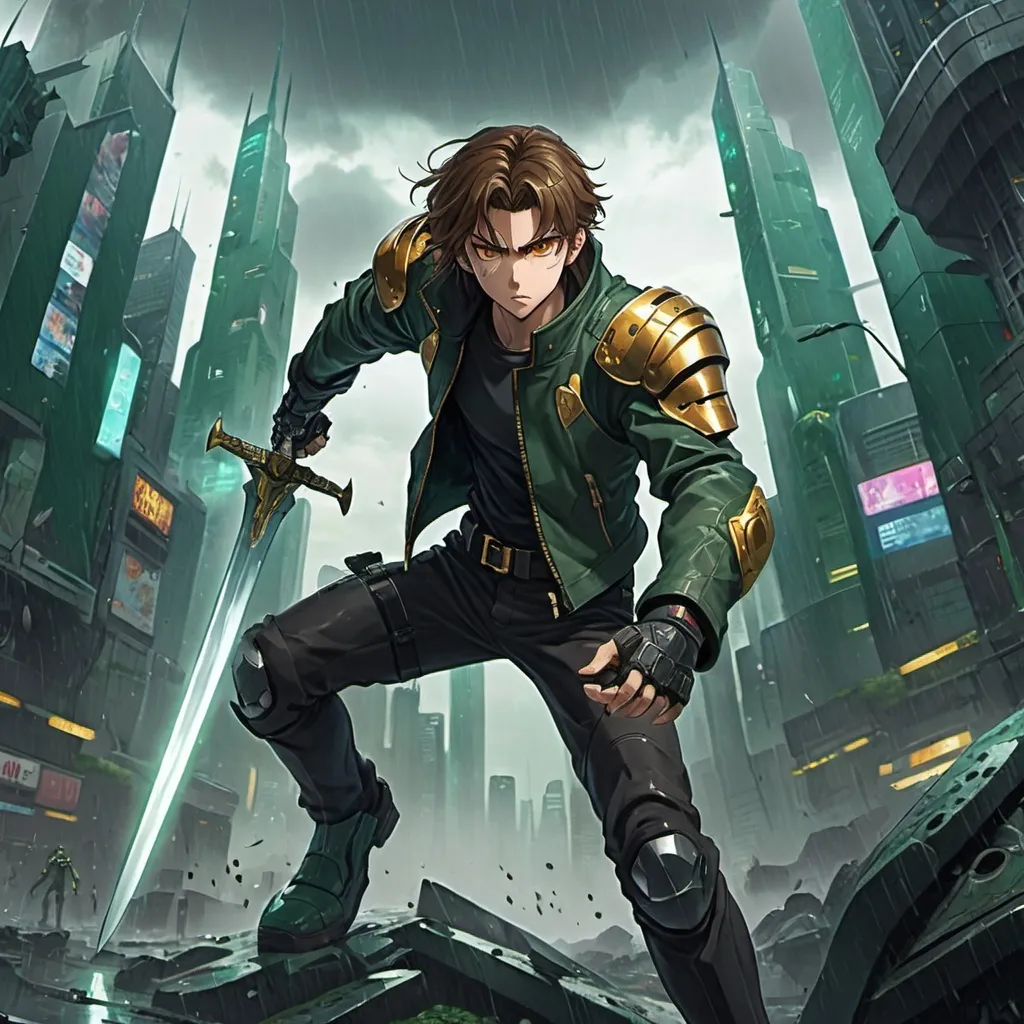 Prompt: an anime teenage male with brown hair, a dark green biker jacket, and golden eyes, striking with a sword in the air, locked in combat with a cybertronic giant with armor in a rainy and doomsday looking futuristic cityscape