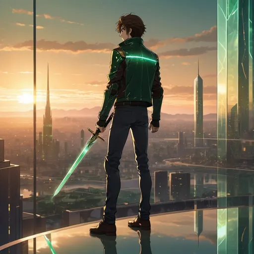 Prompt: A tall anime teenage male with brown hair and a dark green biker jacket with a glowing sword standing on a glass building with his reflection in golden armor with glowing eyes watching a sunset over a futuristic cityscape