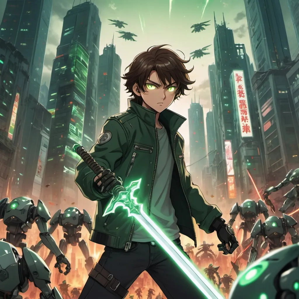 Prompt: an anime teenage male with brown hair, a dark green biker jacket, and glowing eyes, holding a glowing sword fighting hundreds of evil robots in a doomsday futuristic cityscape