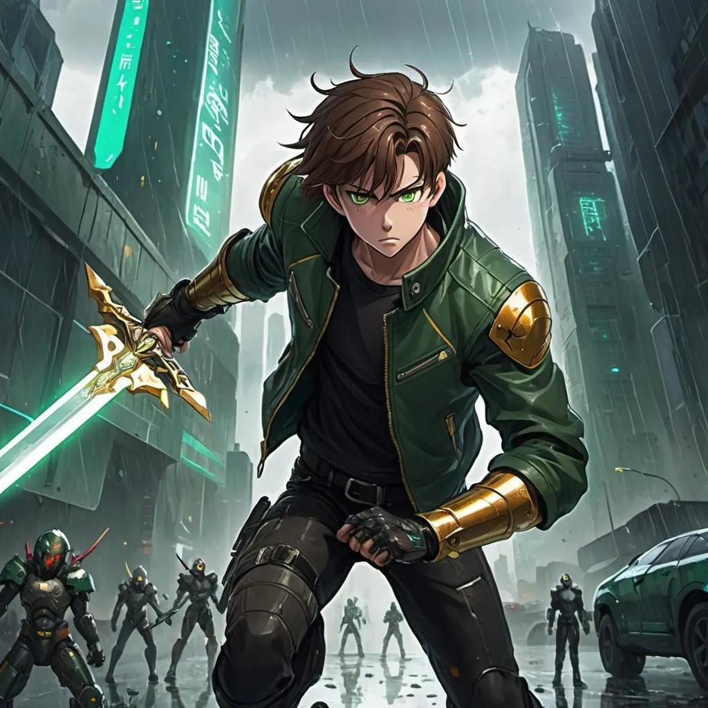 Prompt: an anime teenage male with brown hair, a dark green biker jacket, and golden eyes, striking with a sword in the air, locked in combat with a cybertronic giant with armor in a rainy and doomsday-looking futuristic cityscape