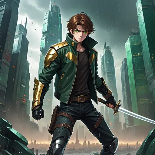 Prompt: an anime teenage male with brown hair, a dark green biker jacket, and golden eyes, striking with a sword in the air, locked in combat with a cybertronic giant with armor in a rainy and doomsday looking futuristic cityscape