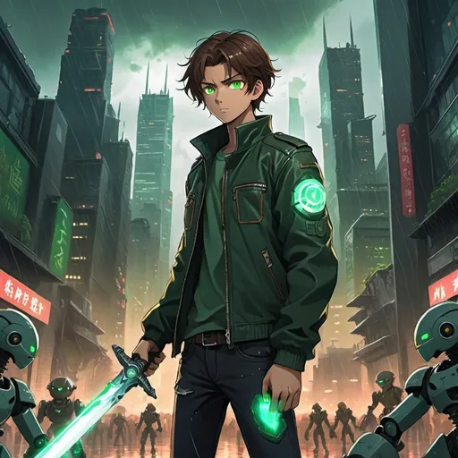 Prompt: an anime teenage male with brown hair, a dark green biker jacket, and glowing eyes, holding an ancient glowing sword and fighting hundreds of evil robots attacking him in a rainy doomsday futuristic cityscape