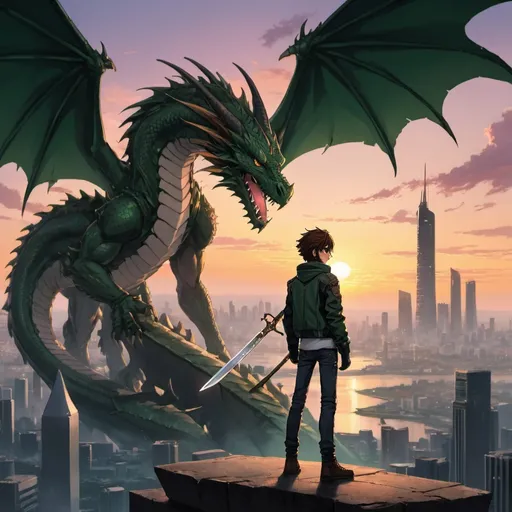 Prompt: A tall anime teenage male with brown hair, a dark green biker jacket, holding a broken sword watching a sunset with a dragon flying in the distance over a futuristic cityscape