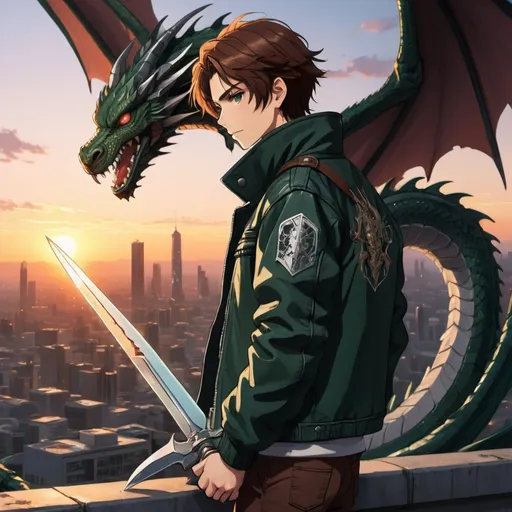 Prompt: A tall anime teenage male with brown hair, a dark green biker jacket, holding a broken sword watching a sunset with a dragon flying in the distance over a futuristic cityscape