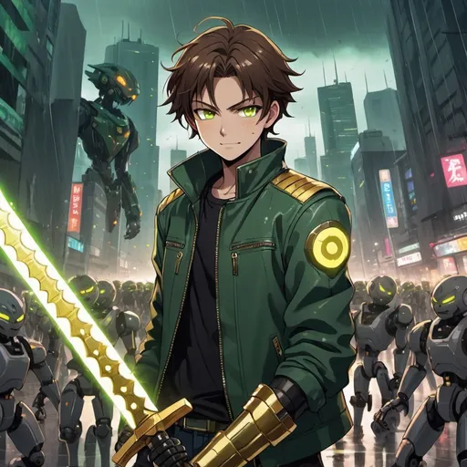 Prompt: an anime teenage male with brown hair, a dark green biker jacket, and golden eyes, holding a glowing sword grinning heroically with hundreds of evil robots surrounding him in a rainy futuristic cityscape