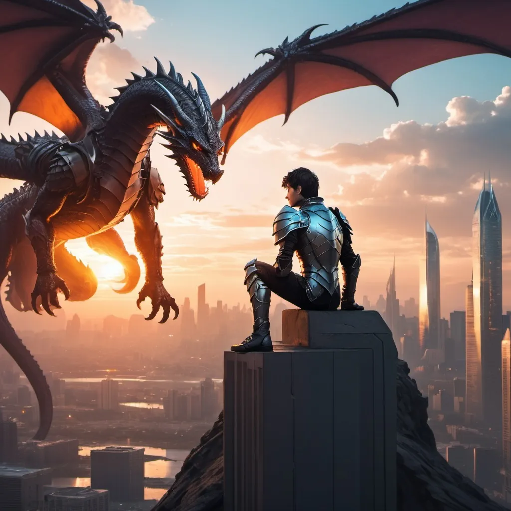 Prompt: teenage male hero with armor and the power of a dragon sitting atop a futuristic cityscape watching a sunset