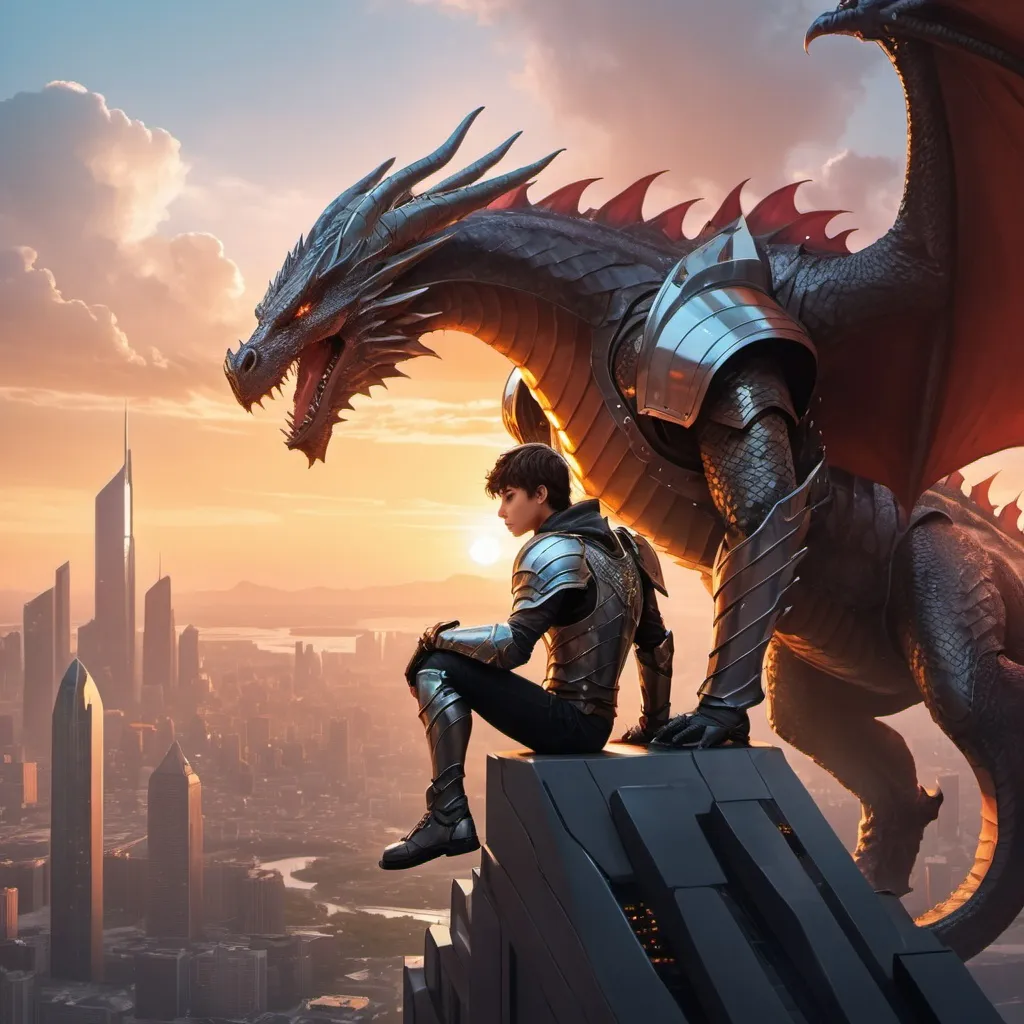 Prompt: teenage male hero with armor and the power of a dragon sitting atop a futuristic cityscape watching a sunset