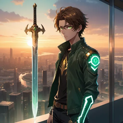 Prompt: A tall anime teenage male with brown hair and a dark green biker jacket with a glowing sword standing on a glass building with his reflection in golden armor with glowing eyes watching a sunset over a futuristic cityscape