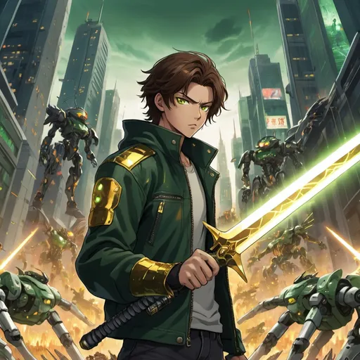 Prompt: an anime teenage male with brown hair, a dark green biker jacket, and golden eyes, holding a glowing sword fighting hundreds of evil robots surrounding him in a doomsday futuristic cityscape