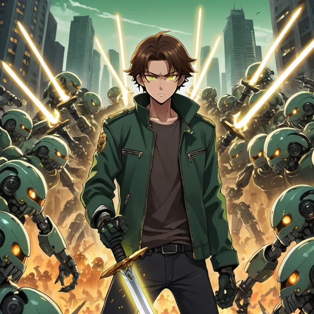 Prompt: an anime teenage male with brown hair, a dark green biker jacket, and golden eyes, holding a glowing sword fighting hundreds of evil robots surrounding him in a doomsday futuristic cityscape