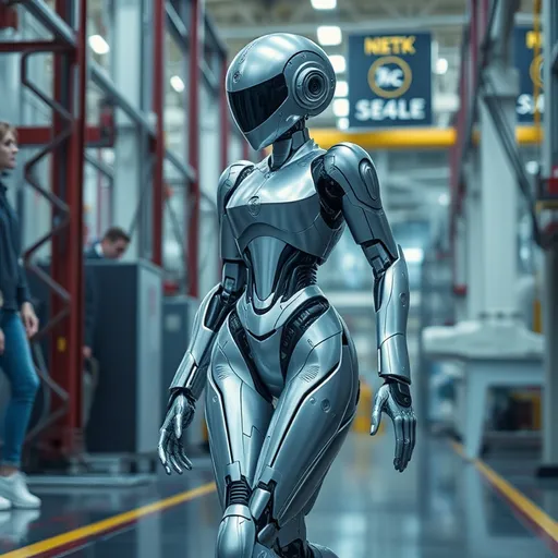 Prompt: female robot (silver mechanical, streamlined) walking through factory