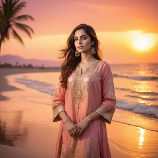 Prompt: Creat a beautiful woman wearing Pakistani traditional dress standing o a beach with a setting of sunset. Natural lighting, fair skin tone, 