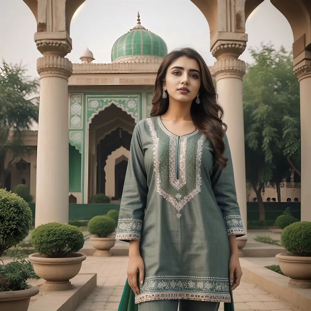 Prompt: Create a Pakistani model wearing jeans and t shirts standing in a garden 