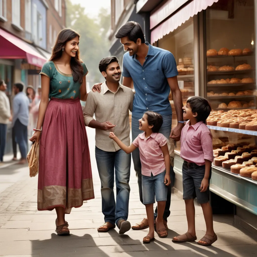 Prompt: Tall young woman , Man, Kid walking down the high street, detailed clothing, realistic, natural lighting"A happy Indian family of four—parents and two young children—standing together inside the bakery. The children are excitedly pointing at the cakes, while the parents are smiling and talking to the bakery owner. The setting is cheerful, with cakes and pastries on display."