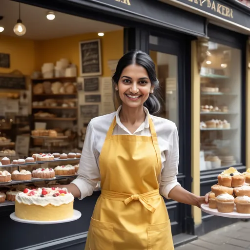 Prompt: Tall young woman walking down the high street, detailed clothing, realistic, natural lighting"A middle-aged Indian woman, early 30s, with long black hair tied back, wearing a bright yellow apron and holding a beautifully decorated cake. She is smiling warmly, standing in a cozy bakery setting with cakes and baked goods displayed behind her."