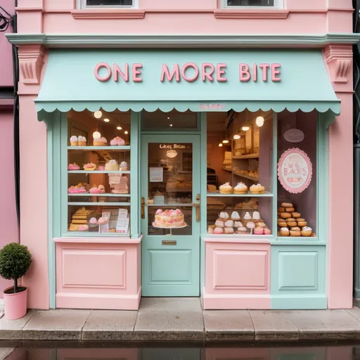 Prompt: "A cozy, small-town bakery named 'One More Bite: Cakes and Bakes.' The exterior is painted in pastel shades, with a welcoming signboard and a glass display showcasing cakes, pastries, and cookies. The interior is warm, with wooden furniture, soft lighting, and colorful baked goods arranged neatly."
