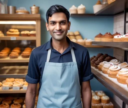 Prompt: Tall young man walking down the high street, detailed clothing, realistic, natural lighting"A middle-aged Indian man, mid-30s, with a kind face, short black hair, and wearing a light blue apron. He is standing proudly inside a cozy bakery with shelves of cakes and pastries in the background. His expression is warm and welcoming."
