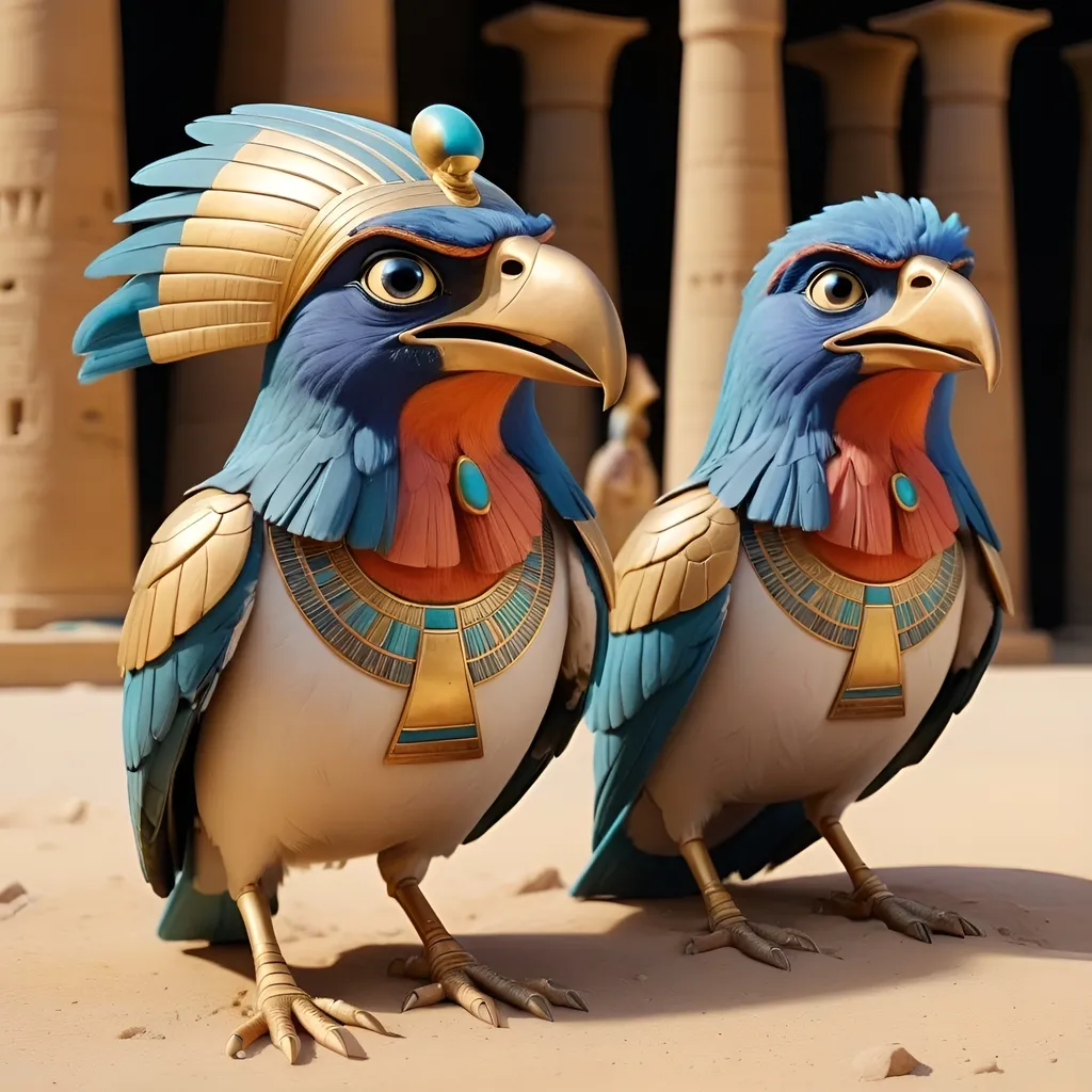 Prompt: Create a video of 2 birds that look like ancient Egyptian Pharaohs. The birds should move