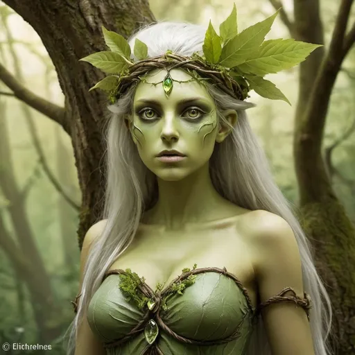 Prompt: The dryad Eithné, also known as Silvereye, was the queen of the dryads and ruler of Brokilon. Her wisdom and unyielding attitude towards people were renowned. Their attempts to control the old forest for its trees and supposed treasures have caused centuries of conflict she is not an elf and she has green skin she has no pointy ears